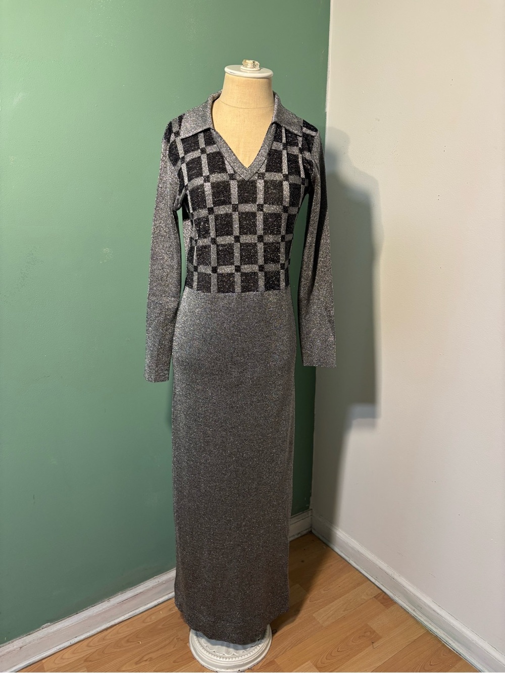 Vintage 1970’s Metallic Silver and Black Checkered Long Knit Dress with Jacket
